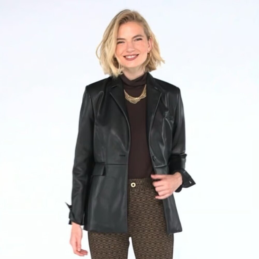 CAbi James faux leather blazer jacket black one button vegan women new Medium